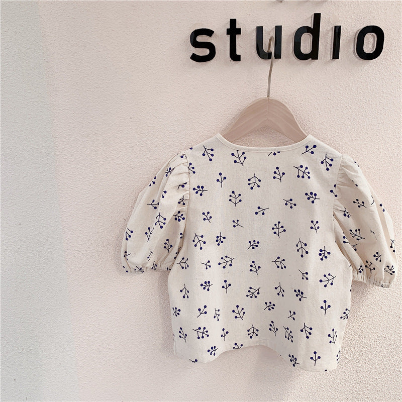 Girls' puff sleeve cotton shirt