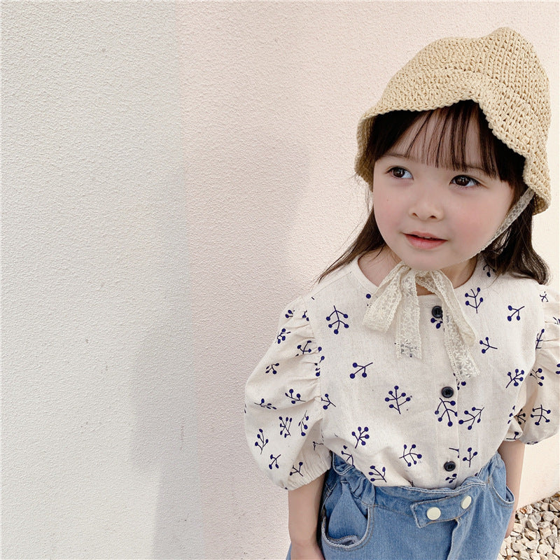 Girls' puff sleeve cotton shirt