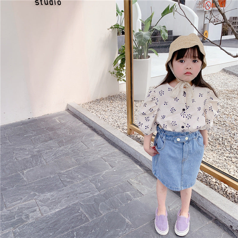 Girls' puff sleeve cotton shirt