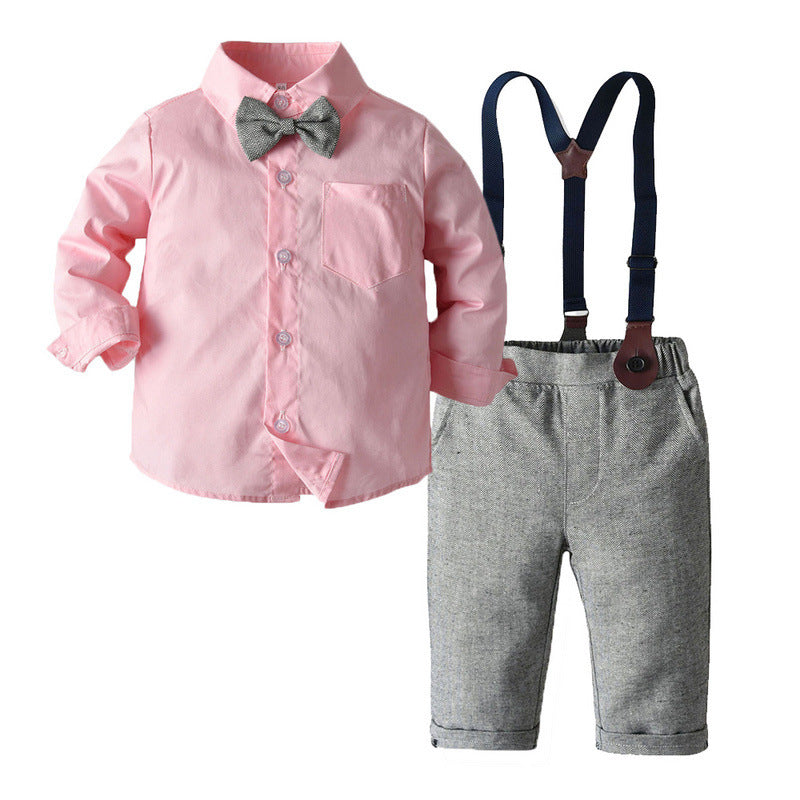 Boys Bib Solid Color Shirt Long-Sleeved Two-Piece Suit