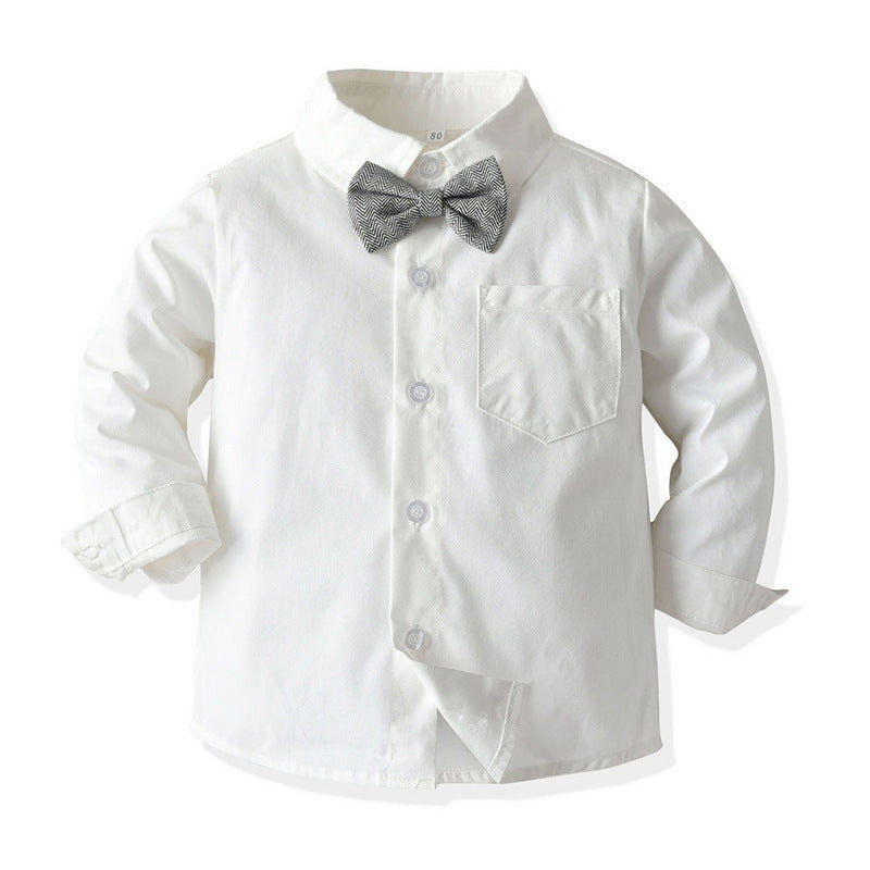 Boys Bib Solid Color Shirt Long-Sleeved Two-Piece Suit