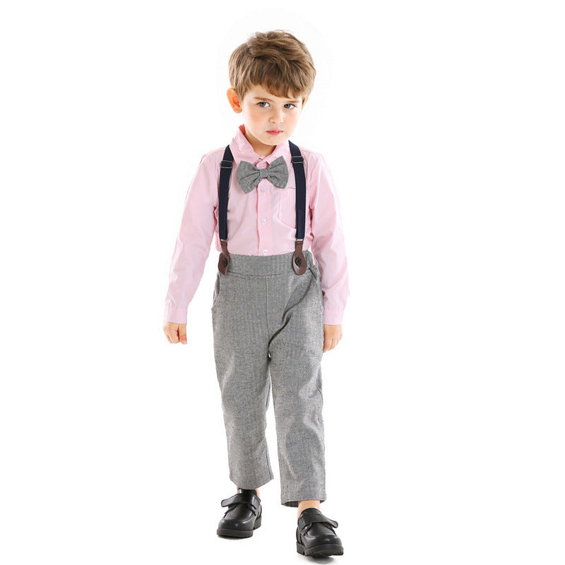 Boys Bib Solid Color Shirt Long-Sleeved Two-Piece Suit