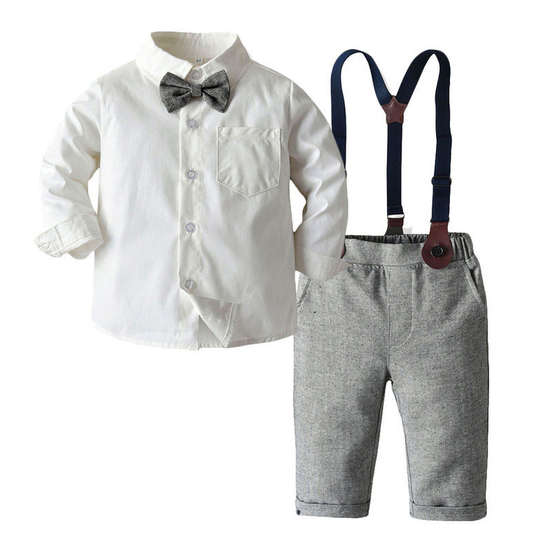 Boys Bib Solid Color Shirt Long-Sleeved Two-Piece Suit