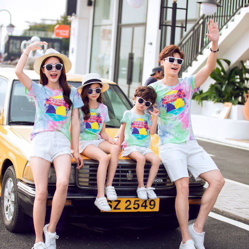 Western Style Tie-dye Cotton Short-sleeved T-shirt New Family Of Four Family Wear