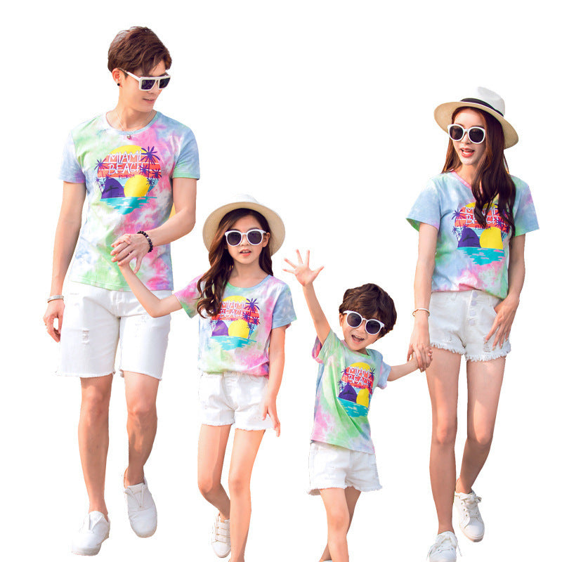 Western Style Tie-dye Cotton Short-sleeved T-shirt New Family Of Four Family Wear