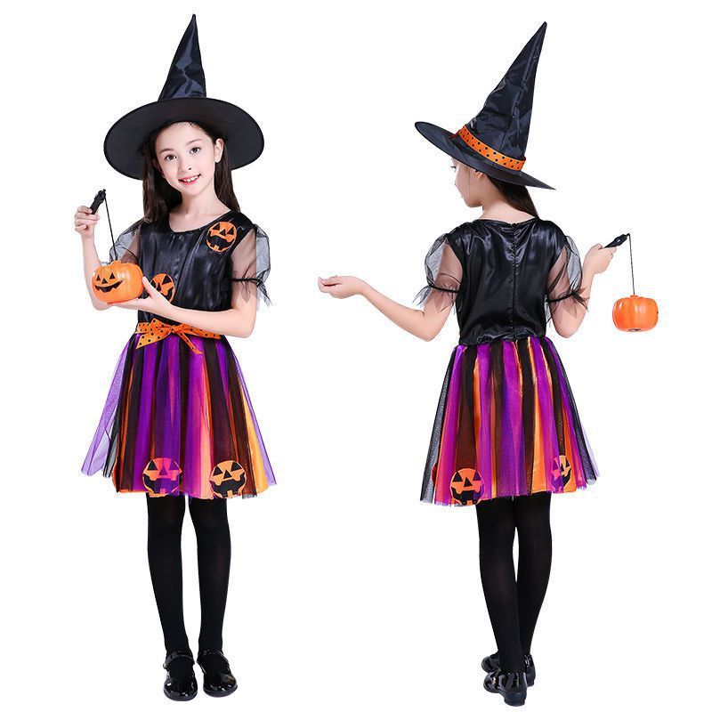 Halloween Costume Children Cosplay Children Halloween Costume Witch Skirt Hat Cosplay Ball Pumpkin