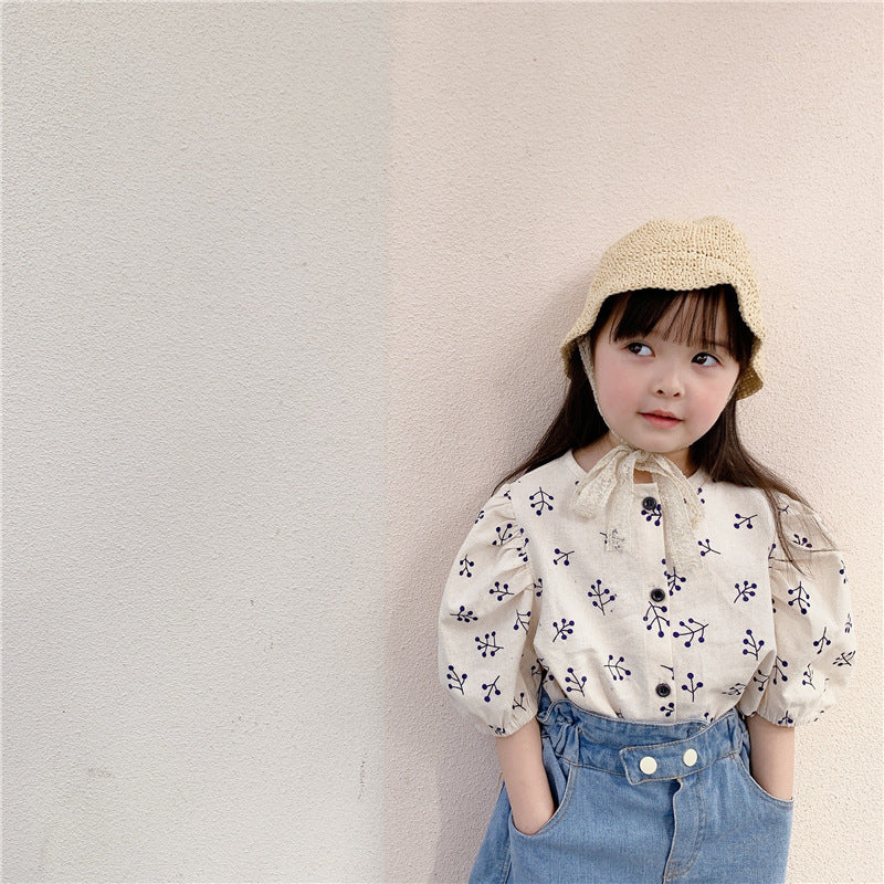 Girls' puff sleeve cotton shirt