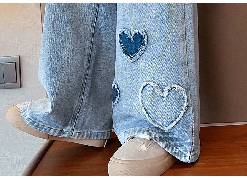 Girls' Love Raw Edge Denim Wide-leg Pants