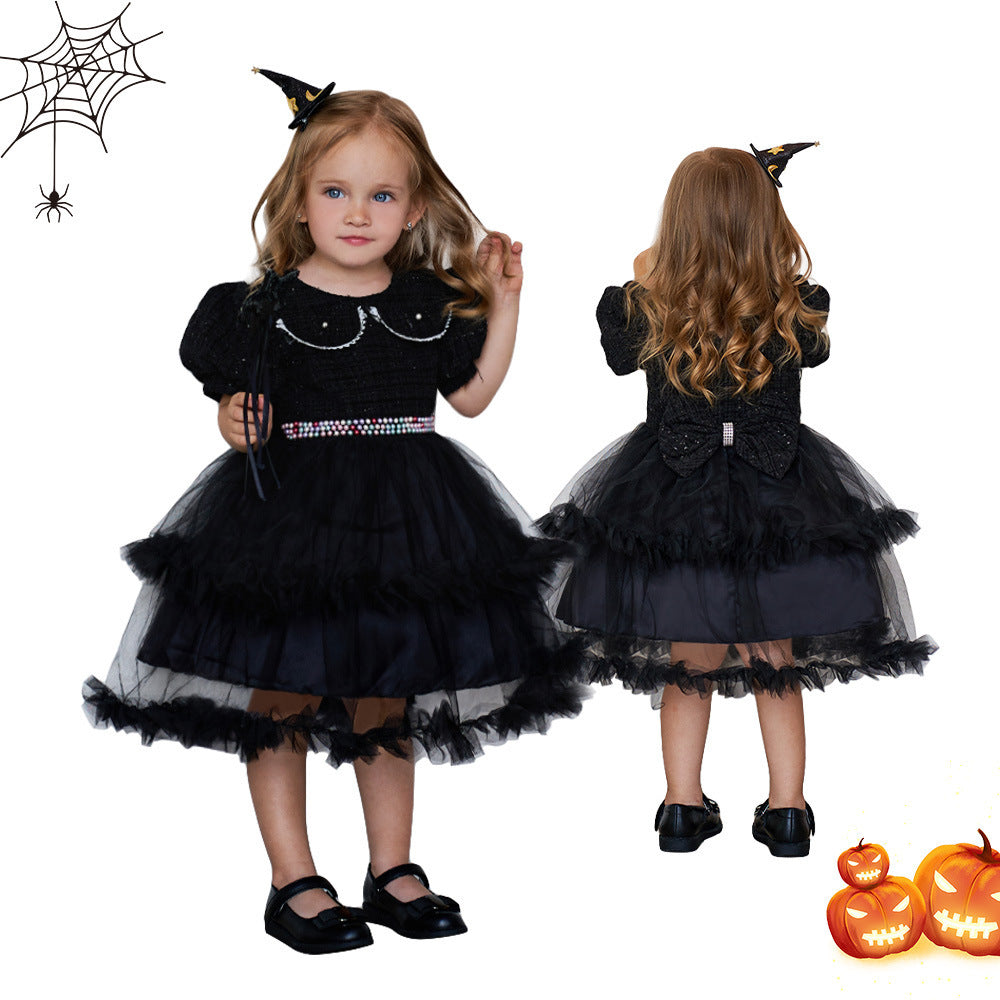 Girls' Fashion Halloween Mesh Stitching Puff Sleeve Dress