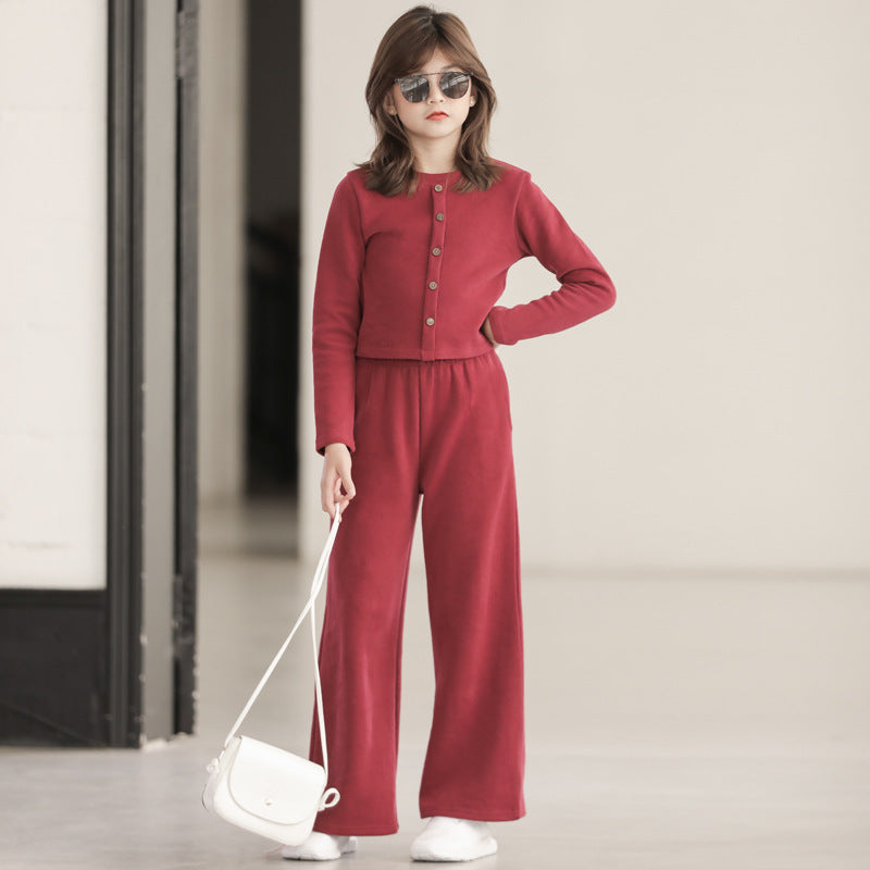 Girls' Simple Brushed Warm Straight-leg Pants