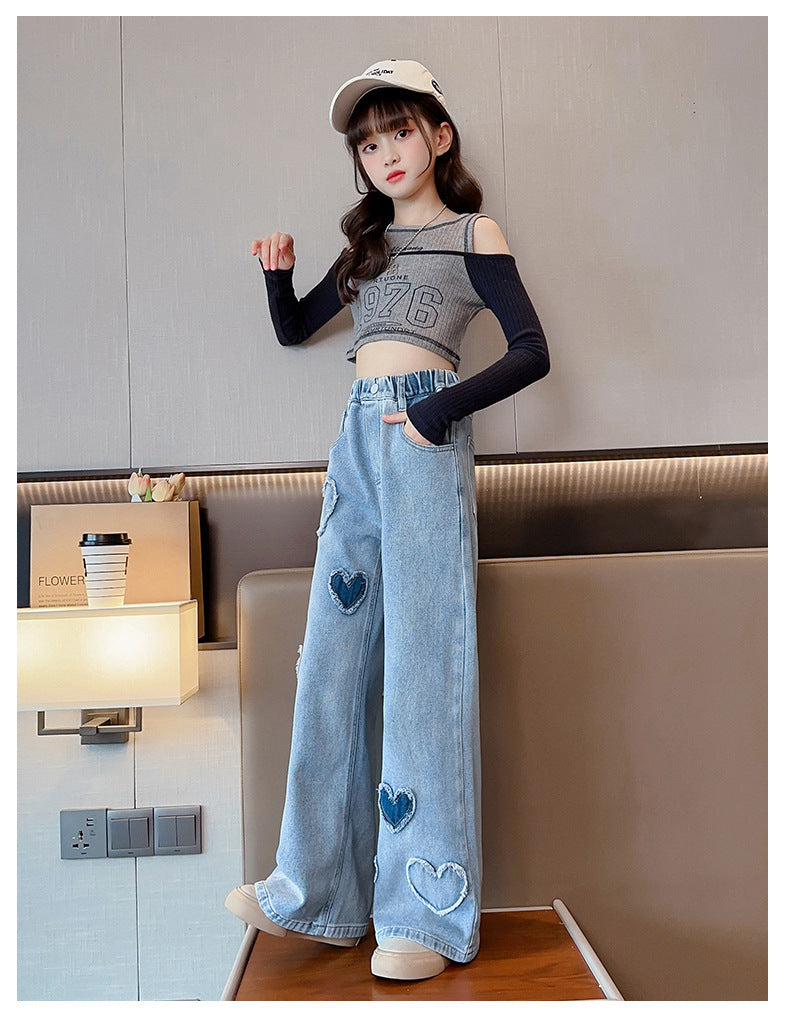 Girls' Love Raw Edge Denim Wide-leg Pants