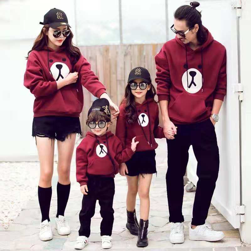 Parent-Child Outfit For A Family Of Three Velvet Padded Hooded Sweatshirt