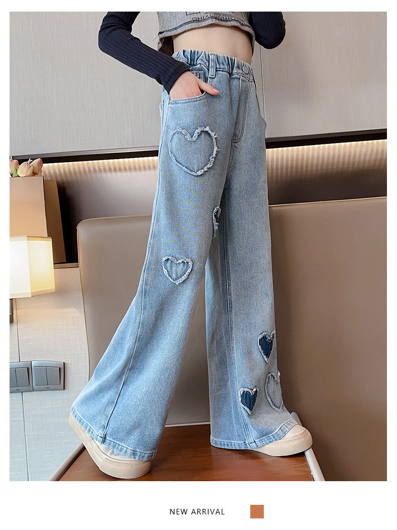 Girls' Love Raw Edge Denim Wide-leg Pants