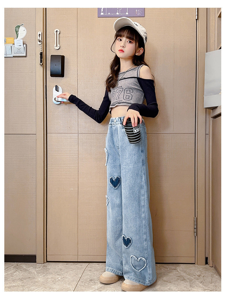 Girls' Love Raw Edge Denim Wide-leg Pants