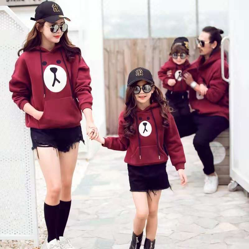 Parent-Child Outfit For A Family Of Three Velvet Padded Hooded Sweatshirt