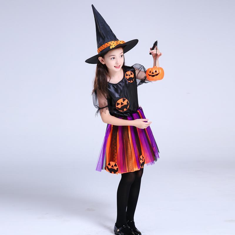 Halloween Costume Children Cosplay Children Halloween Costume Witch Skirt Hat Cosplay Ball Pumpkin